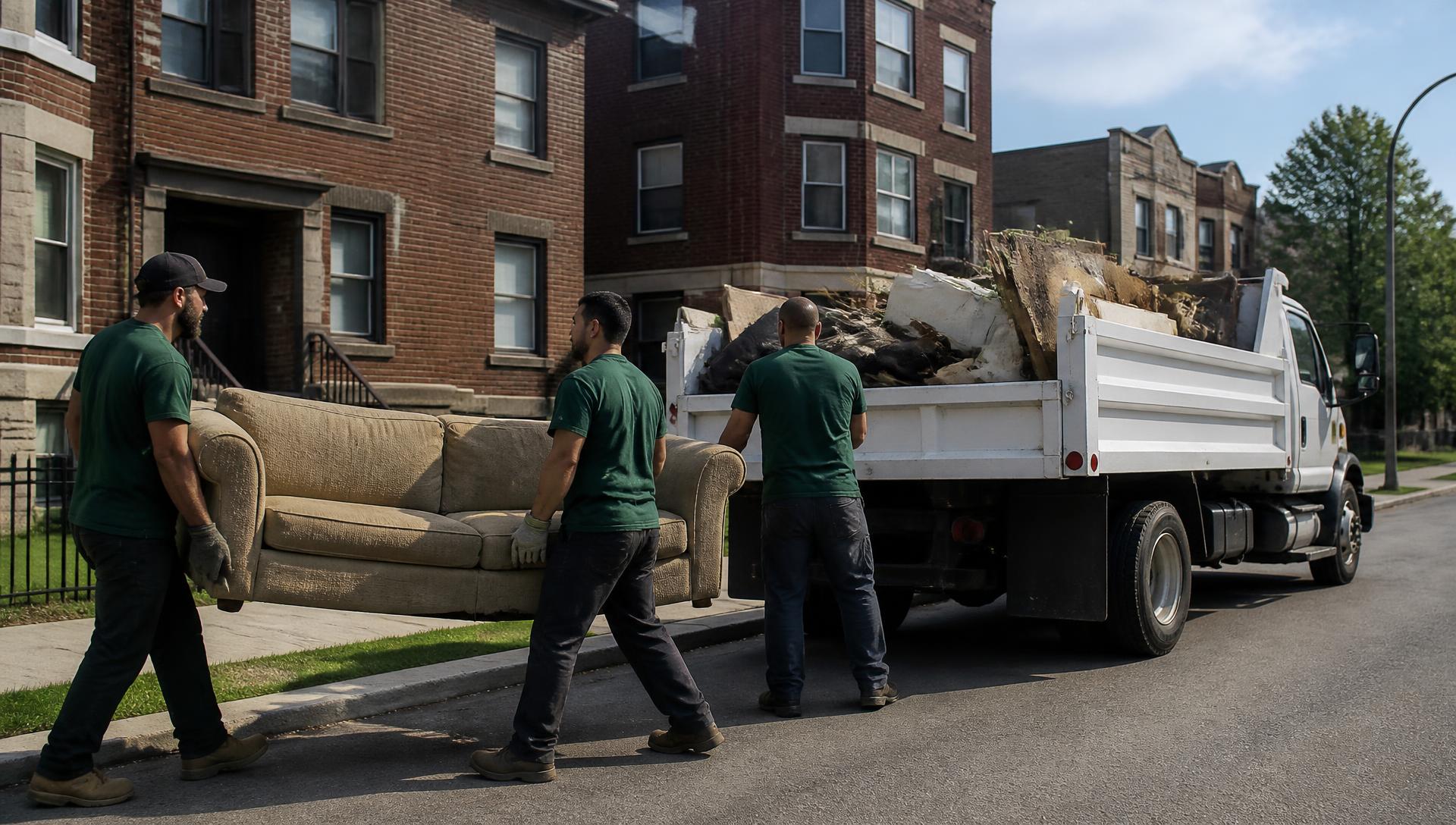 Rigor Contracting crew loading furniture into a truck on a Chicago street